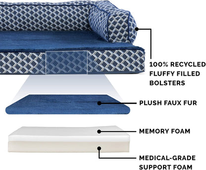 Cozy Memory Foam Dog Bed with Removable Bolsters & Washable Cover - Perfect for Medium/Small Dogs up to 35 Lbs - Stylish Diamond Blue Design