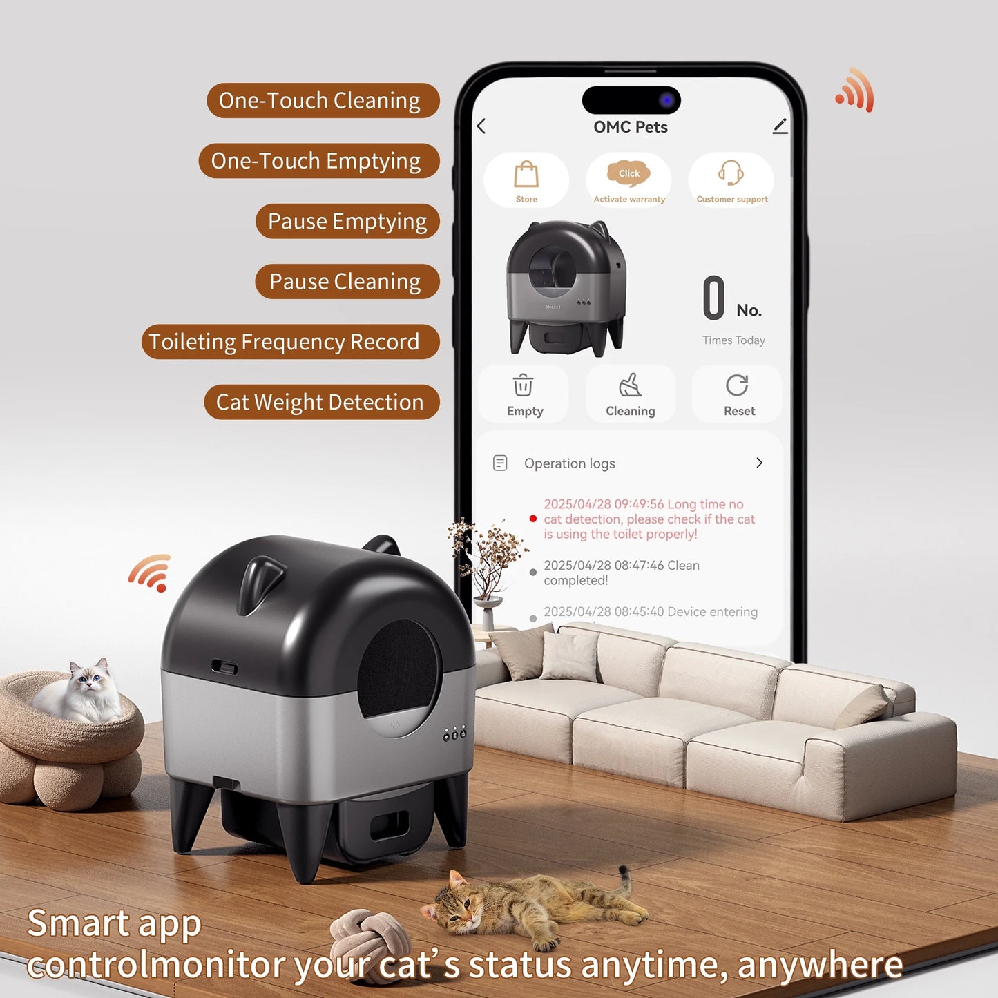 OMCPET Self Cleaning Cat Litter Box, Automatic Smart Litter Box for Multiple Cats with 10 Safety Sensor Radars, 110L Electric Cat Box with App-Control, Odor Control, Quiet Operation, Black