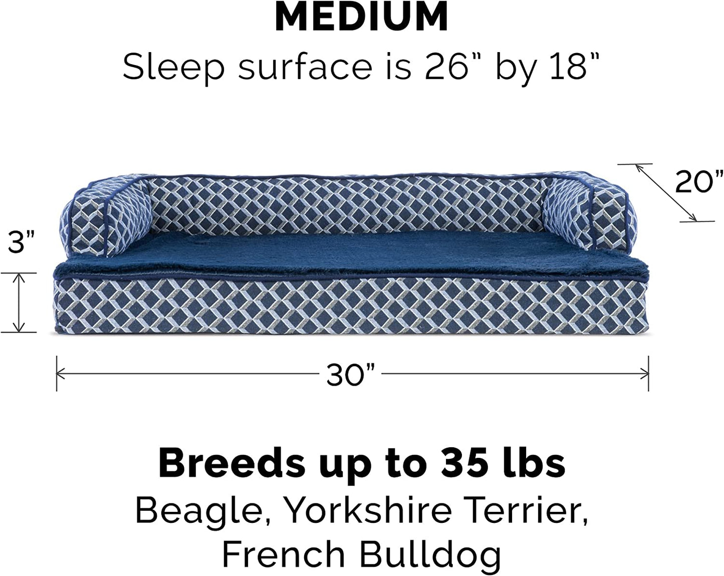 Cozy Memory Foam Dog Bed with Removable Bolsters & Washable Cover - Perfect for Medium/Small Dogs up to 35 Lbs - Stylish Diamond Blue Design
