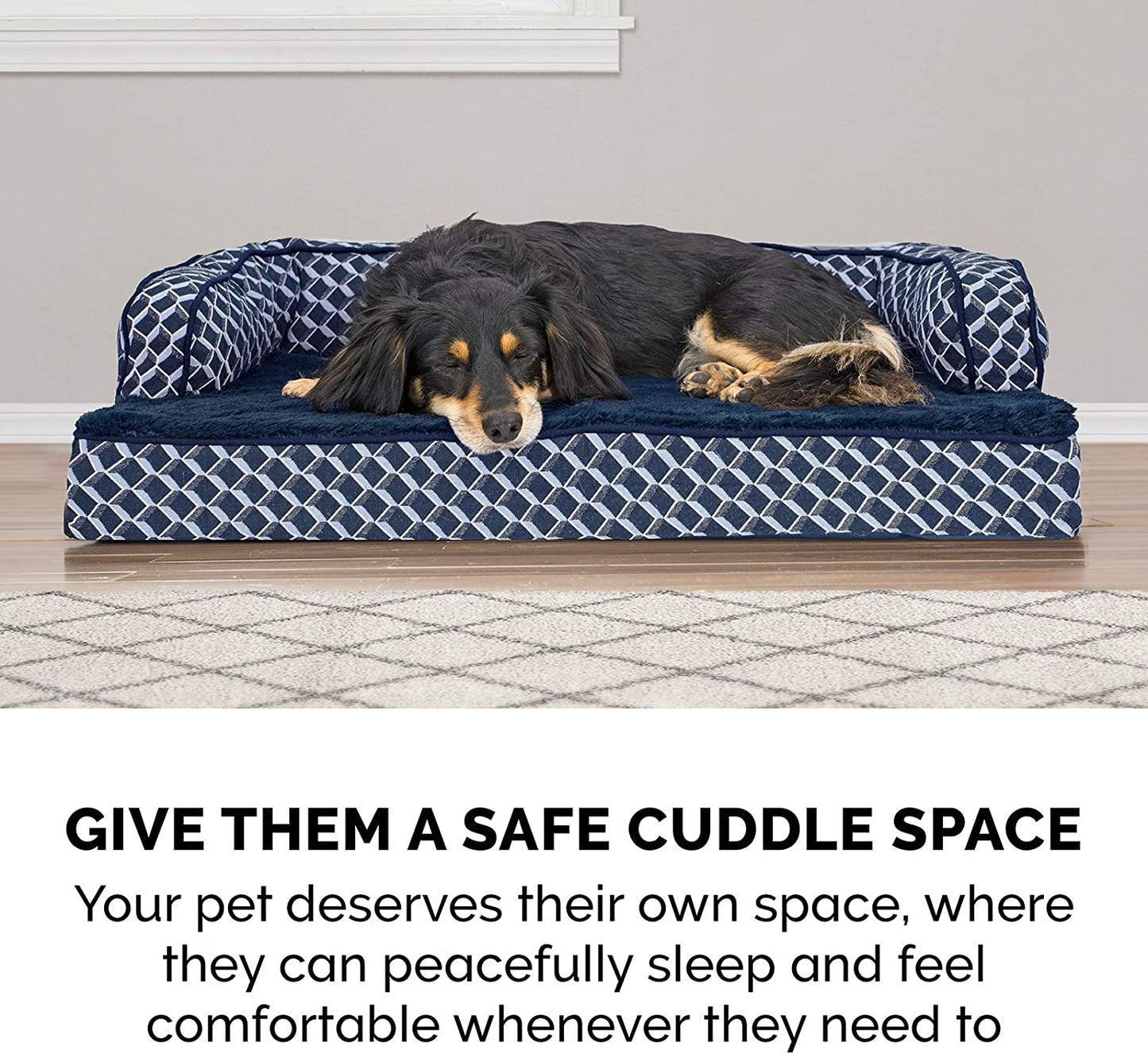 Cozy Memory Foam Dog Bed with Removable Bolsters & Washable Cover - Perfect for Medium/Small Dogs up to 35 Lbs - Stylish Diamond Blue Design