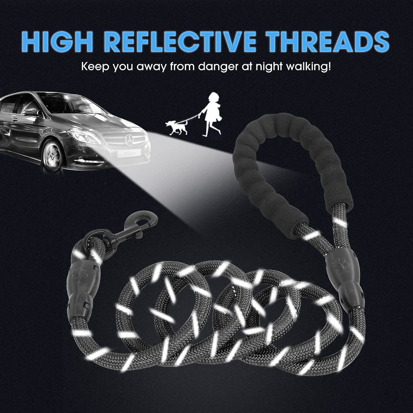 Premium Reflective Dog Leash with Padded Handle - 2/4/5/6 FT Options for All Dog Sizes (5FT-1/2'', Black)