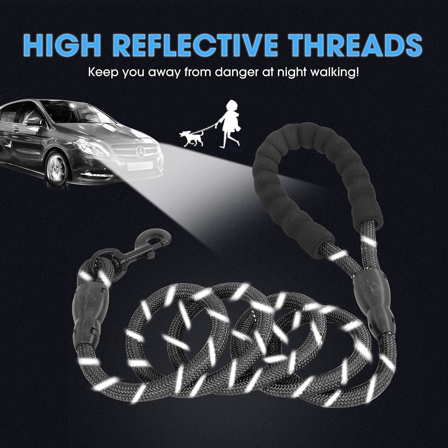 Premium Reflective Dog Leash with Padded Handle - 2/4/5/6 FT Options for All Dog Sizes (5FT-1/2'', Black)