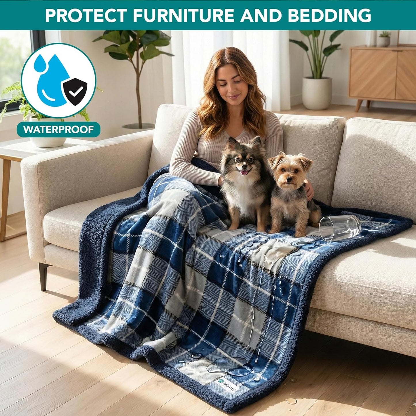 Reversible Waterproof Dog Blanket - Soft Sherpa Fleece Pet Throw for Couch & Bed, Washable Furniture Protector for Small to Medium Dogs & Cats, 29x40 Plaid Blue