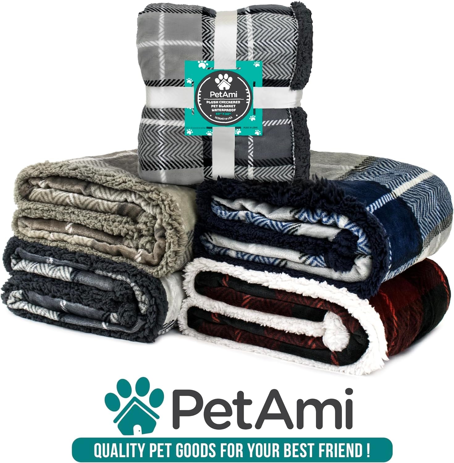 Reversible Waterproof Dog Blanket - Soft Sherpa Fleece Pet Throw for Couch & Bed, Washable Furniture Protector for Small to Medium Dogs & Cats, 29x40 Plaid Blue