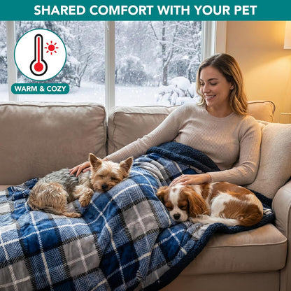 Reversible Waterproof Dog Blanket - Soft Sherpa Fleece Pet Throw for Couch & Bed, Washable Furniture Protector for Small to Medium Dogs & Cats, 29x40 Plaid Blue