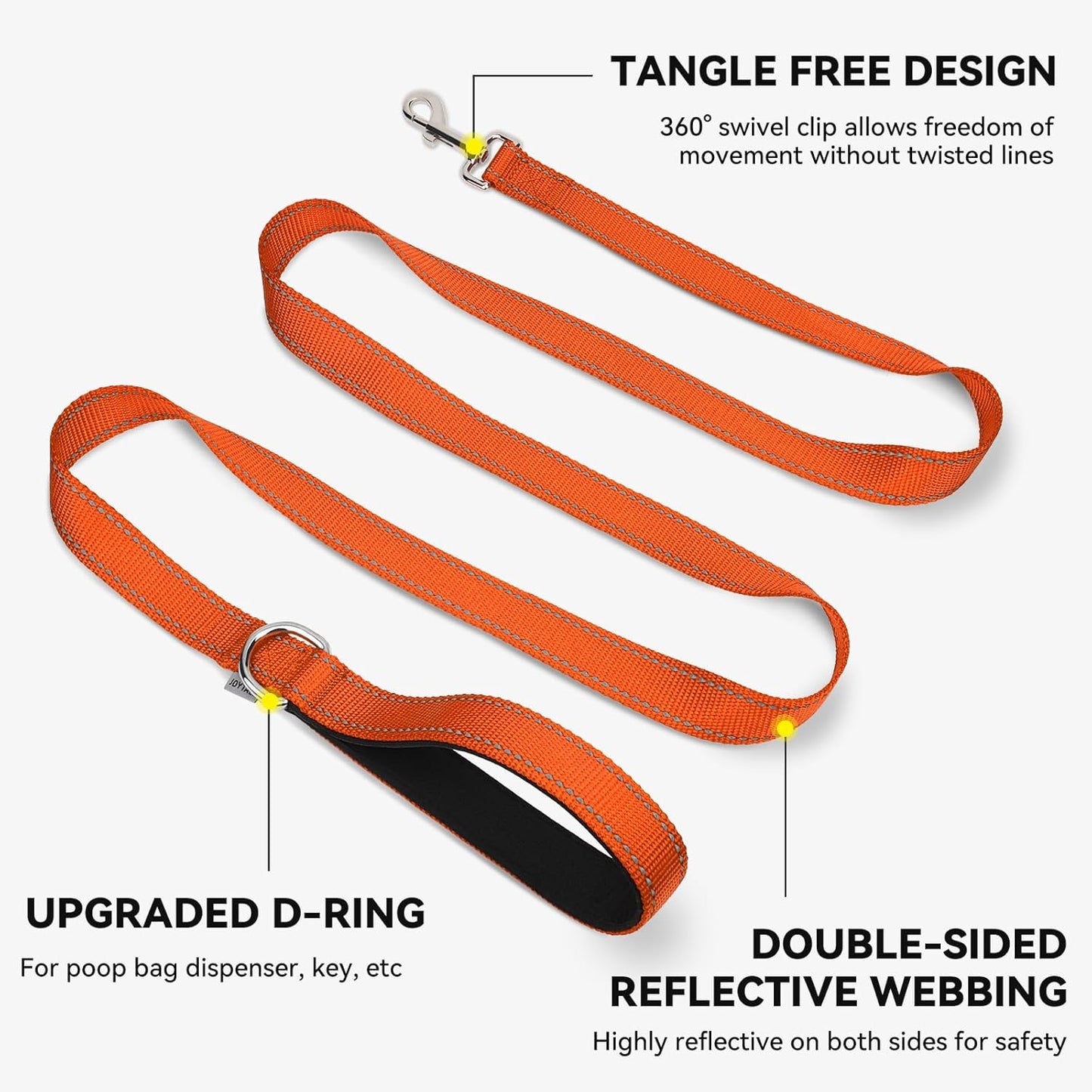 Premium 5 FT Double-Sided Reflective Dog Leash with Padded Handle - Heavy Duty Nylon for Medium & Large Dogs - Vibrant Orange