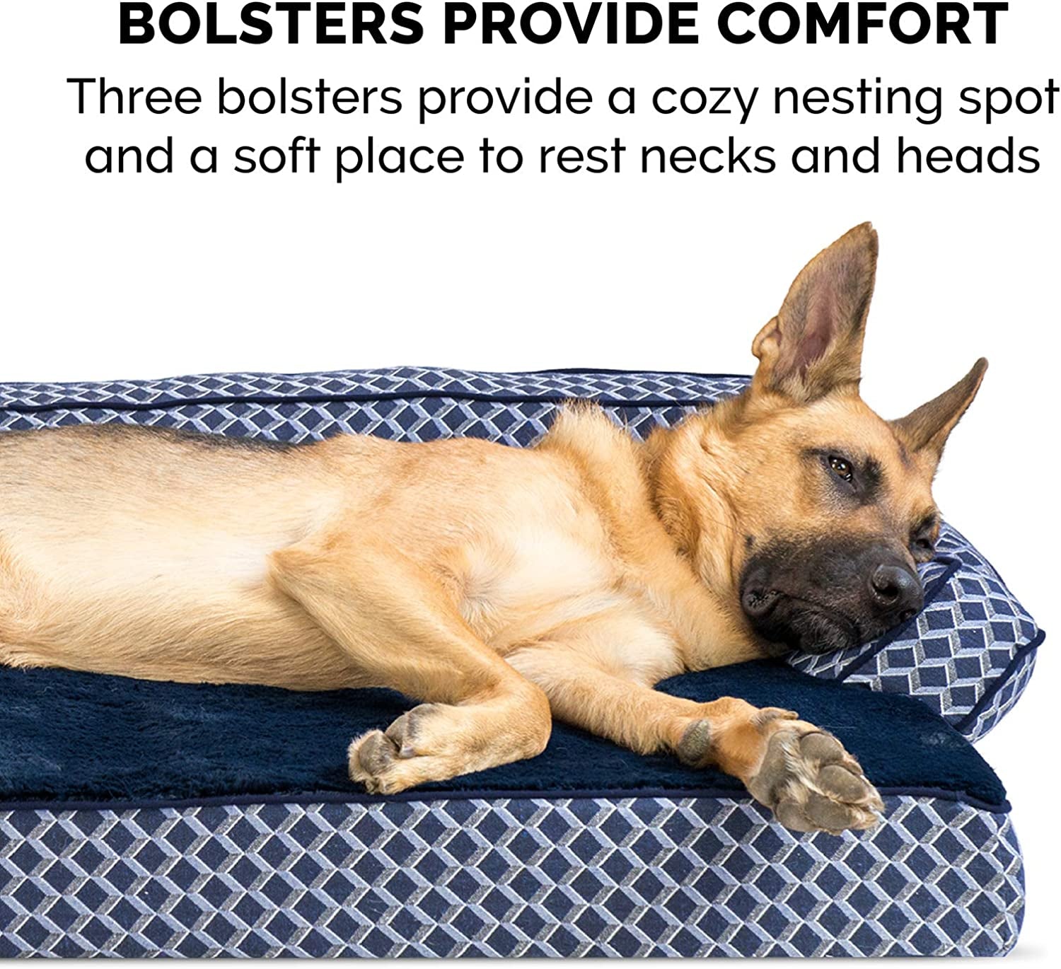 Cozy Memory Foam Dog Bed with Removable Bolsters & Washable Cover - Perfect for Medium/Small Dogs up to 35 Lbs - Stylish Diamond Blue Design