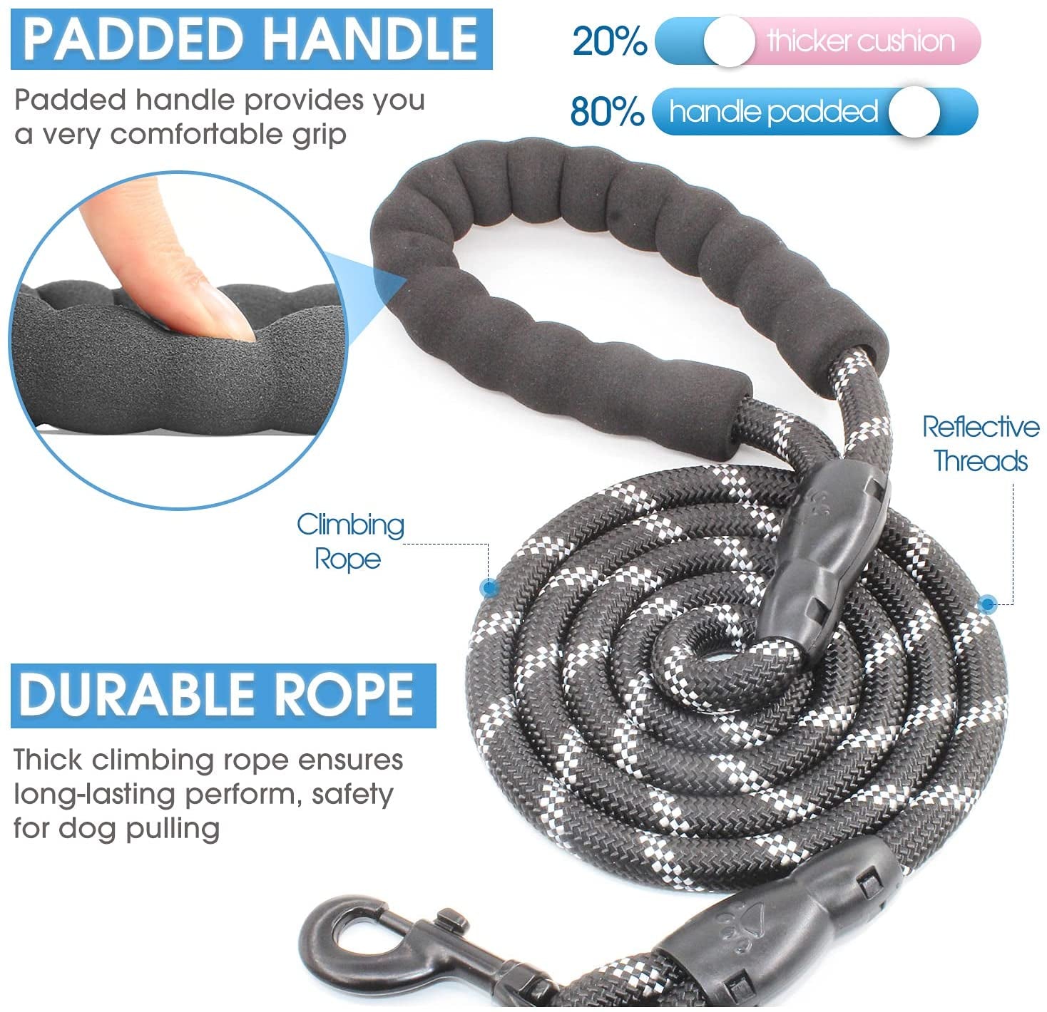 Premium Reflective Dog Leash with Padded Handle - 2/4/5/6 FT Options for All Dog Sizes (5FT-1/2'', Black)