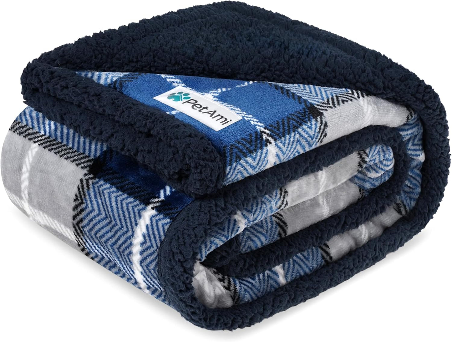 Reversible Waterproof Dog Blanket - Soft Sherpa Fleece Pet Throw for Couch & Bed, Washable Furniture Protector for Small to Medium Dogs & Cats, 29x40 Plaid Blue