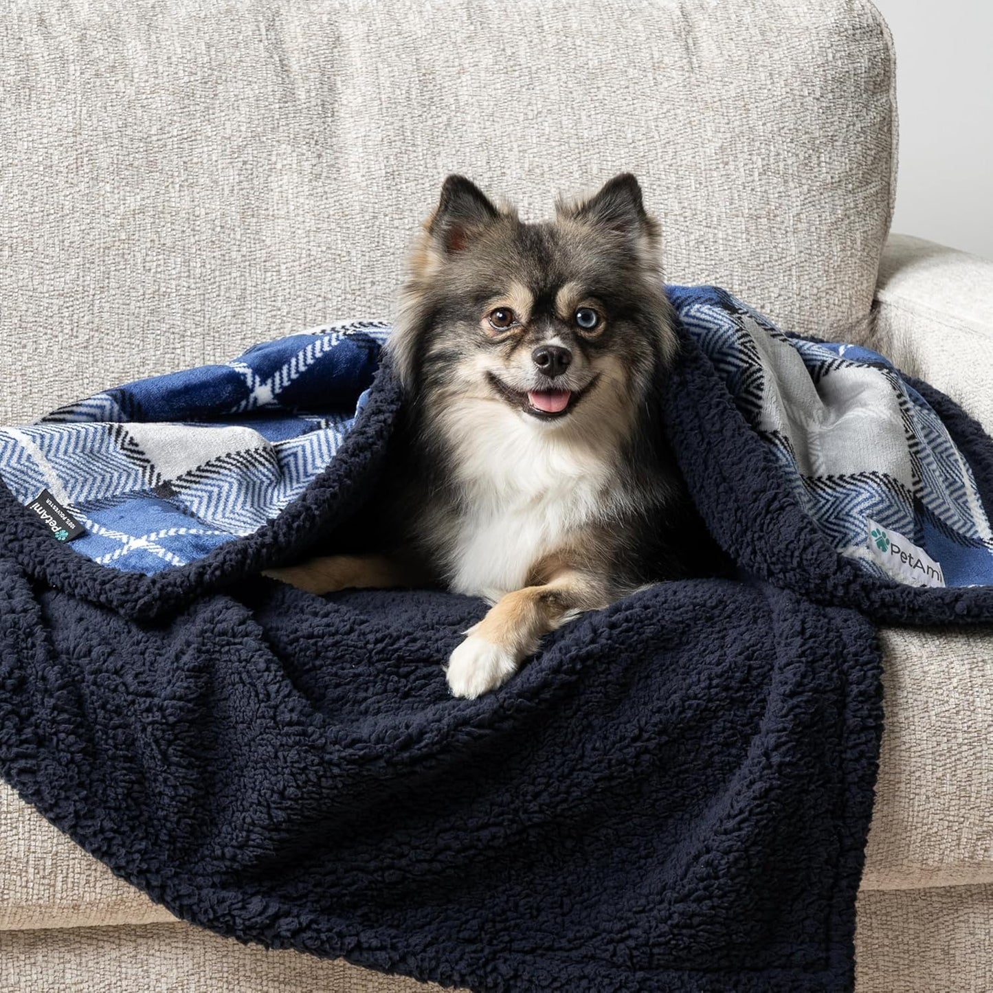 Reversible Waterproof Dog Blanket - Soft Sherpa Fleece Pet Throw for Couch & Bed, Washable Furniture Protector for Small to Medium Dogs & Cats, 29x40 Plaid Blue