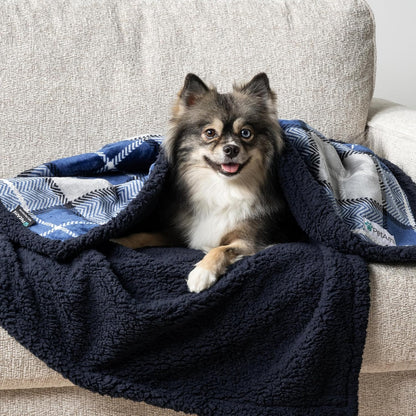 Reversible Waterproof Dog Blanket - Soft Sherpa Fleece Pet Throw for Couch & Bed, Washable Furniture Protector for Small to Medium Dogs & Cats, 29x40 Plaid Blue